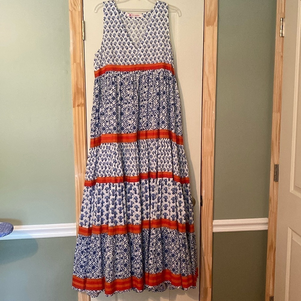 Anthropologie Ro's Garden Cotton Tiered Maxi Dress Blue White SMALL - Picture 2 of 9
